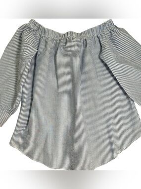 Moa Moa Navy and White Striped Off-Shoulder Peasant Blouse